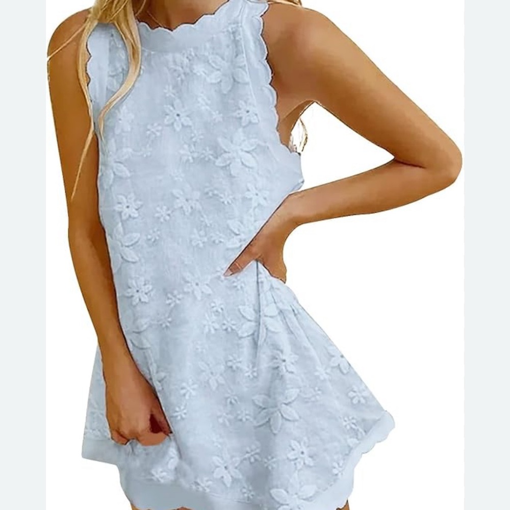 Women Cotton Linen Embroidery Flower Scallop Tank Dress mini size M